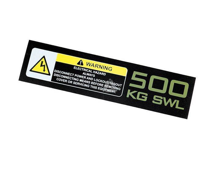 500kg SWL / elec. hazard, model 2008 sticker